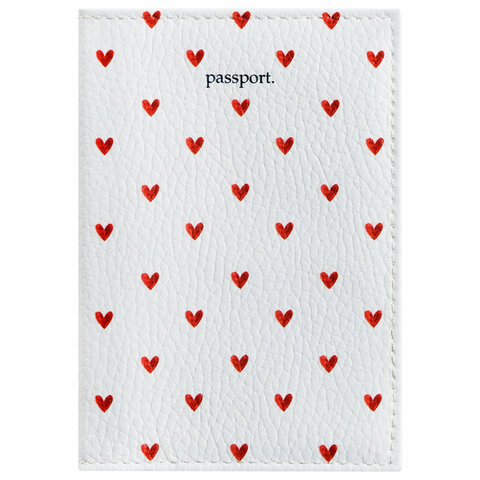 Обложка для паспорта натуральная кожа флоттер, принт "Сердечки", цвет белый, BRAUBERG, 238866