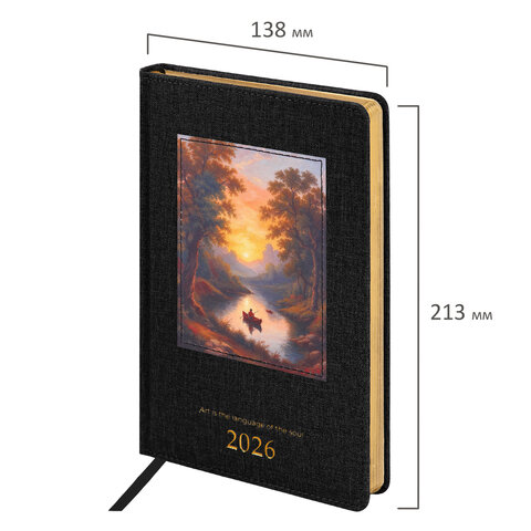 Ежедневник датированный 2026 А5 138х213 мм, BRAUBERG "ArtGallery", под кожу, нашивка, черный, 117405