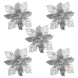 Украшение ёлочное КОМПЛЕКТ 5 шт "Цветок с клипсой", диаметр 15см, ПВХ, серебро, ЗОЛОТАЯ СКАЗКА, 592604