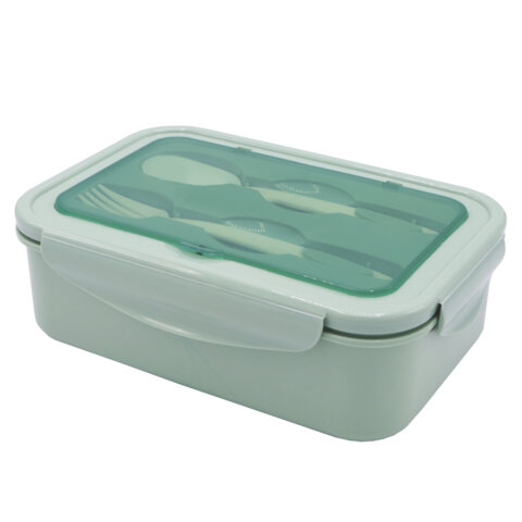 Ланч-бокс контейнер 2 секции 3+1 отделение 1,4л ложка, вилка 7х21х14см, мятный JOYLUX, 609347