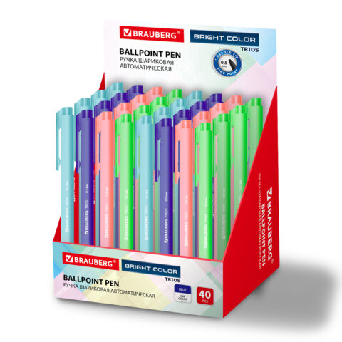 Ручка шариковая автоматическая BRAUBERG "TRIOS BRIGHT COLOR", корпус ассорти, СИНЯЯ, пишущий узел 0,5 мм, линия письма 0,3 мм, 144497