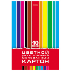 Картон цветной А4, 2-сторонний, МЕЛОВАННЫЙ, 10 листов, 10 цветов, в папке, HATBER, 195х280 мм, "Creative Set", 095545, 10Кц4_05934