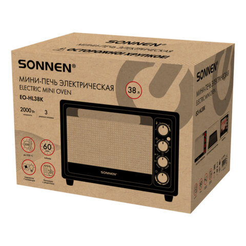 Мини-печь электрическая SONNEN EO-HL38K, 2000 Вт, 38 л, 3 режима нагрева, режим конвекции, таймер, механическое управление, черная, 458306