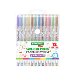 Ручки гелевые С БЛЕСТКАМИ BRAUBERG KIDS "CUTE ANIMALS", НАБОР 12 ЦВЕТОВ, корпус с печатью, узел 1 мм, линия письма 0,7 мм, 144446