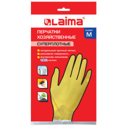 Перчатки МНОГОРАЗОВЫЕ латексные LAIMA "ПРЕМИУМ", хлопчатобумажное напыление, СВЕРХПЛОТНЫЕ, размер M (средний), желтые, вес 60 г, 600571