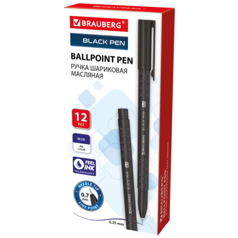 Ручка шариковая масляная BRAUBERG "BLACK PEN", СИНЯЯ, игольчатый узел 0,7 мм, линия письма 0,35 мм, 144325