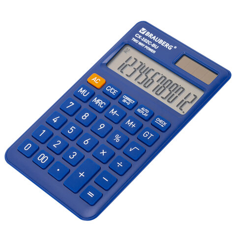 Калькулятор карманный BRAUBERG CX-102C-BU (76x126 мм), 12 разрядов, двойное питание, СИНИЙ, 272648
