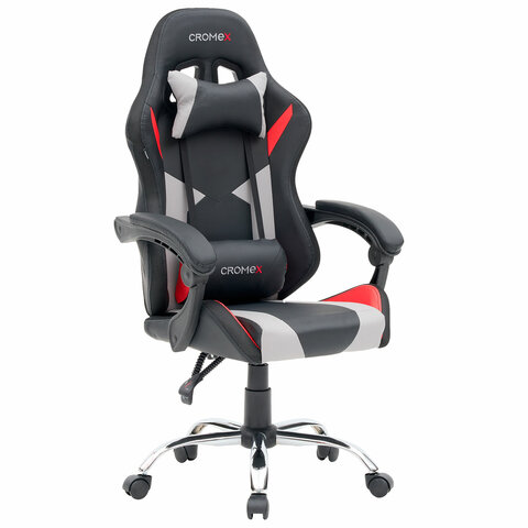 Кресло компьютерное CROMEX (КРОМЕКС) "Quantum GM-155 RGB", подсветка, две подушки, экокожа, черное/красное/серое, 532955