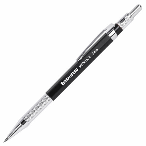 Карандаш механический цанговый 2 мм + грифели HB 12 штук на блистере, BRAUBERG "METALLIC-X 20", металлические детали, 181967