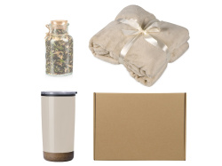 Подарочный набор с пледом, термокружкой и чаем, Цвет бежевый