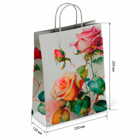 Крафт-пакет бумажный "Розы" 22х12х25 см, с кручеными ручками, плотность 100 г/м2, белый, 114164