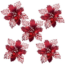 Украшение ёлочное КОМПЛЕКТ 5 шт "Цветок с клипсой", диаметр 15см, ПВХ, красный, ЗОЛОТАЯ СКАЗКА, 592605