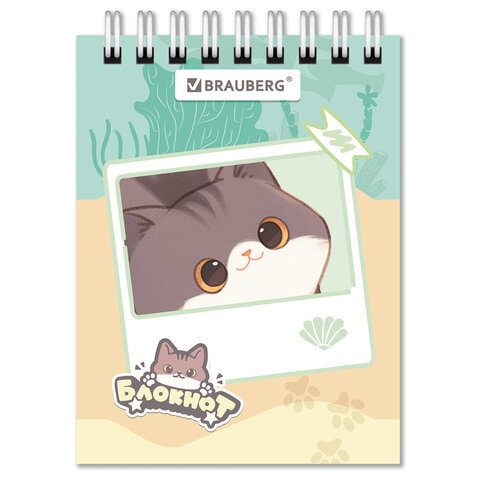 Блокнот МАЛЫЙ ФОРМАТ А7, 75х105 мм, 40 л., гребень, клетка, кросс-серия "МИЛЫЕ КОТЫ", BRAUBERG, 116988
