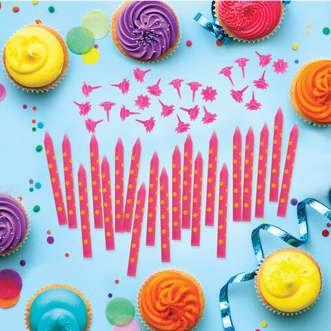 Набор свечей для торта 24 шт., 6 см, 24 держателя, розовые в горошек, ЗОЛОТАЯ СКАЗКА, в блистере, 591458