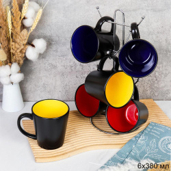 Кружка набор 6 штук на металлстенде 380 мл Конус Эфиопия / HJ-46/ АКЦИЯ Синий+Красный+Желтый