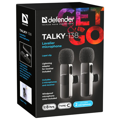 Микрофон беспроводной петличный DEFENDER Talky-138, 64 дБ, 2 микрофона, адаптер, черный, 64152