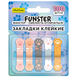 Закладки клейкие Z-сложения FUNSTER (ФАНСТЕР) "Лапки котов", 45х12 мм, 100 шт., (5 цветов х 20 листов), в диспенсере, 116691