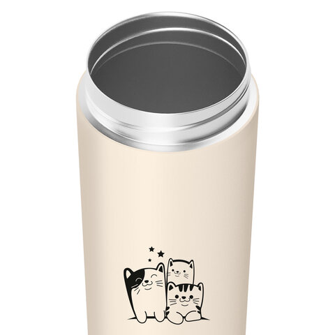 Термокружка 380 мл JOYLUX (ДЖОЙЛЮКС) CLASSIC CAT, нержавеющая сталь SUS304, бежевый с принтом, 700272