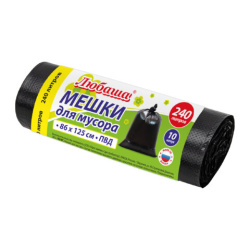 Мешок для мусора 240 л., черные в рулоне 10 шт., ПВД 20 мкм, 86х125 см, ЛЮБАША супер-эконом, 608919