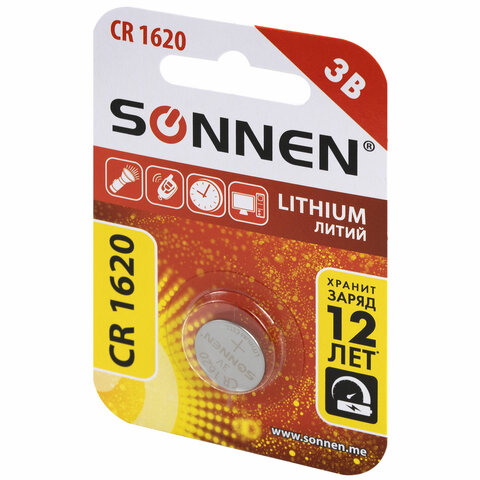 Батарейка литиевая SONNEN Lithium CR1620 "таблетка, дисковая, кнопочная" 1 шт., блистер, 455599