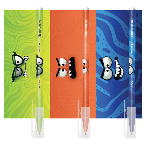 Ручка стираемая гелевая, кросс-серия "МОНСТРИКИ", BRAUBERG, СИНЯЯ, корпус ассорти, игольчатый наконечник 0,5 мм, линия 0,35 мм, 144484