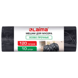 Мешки для мусора с завязками 120 л, черные, в рулоне 10 штук, особо прочные, ПВД 65 мкм, 70x95 см, LAIMA, 702669