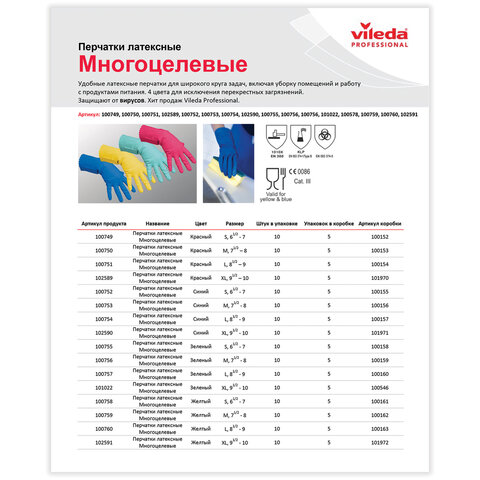 Перчатки МНОГОРАЗОВЫЕ резиновые VILEDA многоцелевые, х/б напыление, ПРОЧНЫЕ, размер 9,5-10, XL (очень большой), синие, вес 72 г, 174357