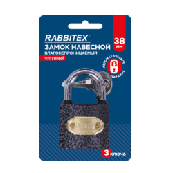 Замок навесной чугунный "Влагонепроницаемый", ширина 38 мм, полимерное покрытие, английский, 3 ключа, RABBITEX, 671296