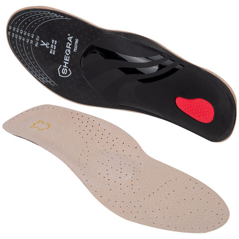 Стельки для обуви из натуральной кожи c СУПИНАТОРОМ, размер RU 39-45 / EU 40-46, с линиями выреза, SHEGRA (ШЕГРА), 700760