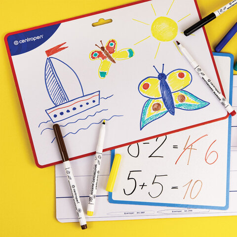 Доска двусторонняя маркерная А4 (297х210 мм), БЕЛАЯ/ЛИНИЯ, 2 маркера + салфетка, CENTROPEN, 7719, 577190201