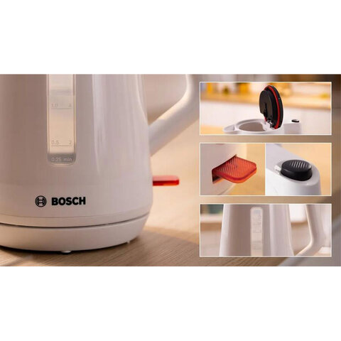 Чайник BOSCH TWK1M121, 1,7 л, 2400 Вт, закрытый нагревательный элемент, пластик, белый