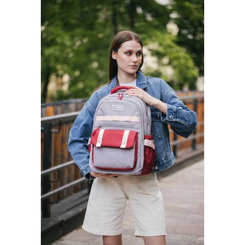 Рюкзак HEIKKI GOODLY (ХЕЙКИ) универсальный, 2 отделения, отделение для ноутбука, серый/красный, 46x33x18 см, 273869