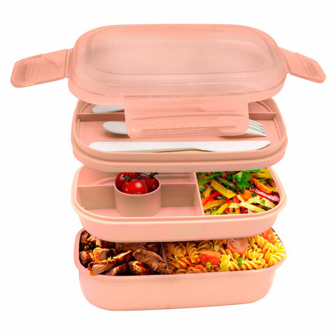 Ланч-бокс контейнер 3 секции 8 отделений 1,9л ложка, вилка, нож 10х21х14см персиковый JOYLUX, 609351
