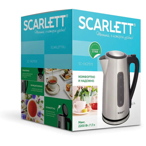 Чайник SCARLETT SC-EK21S13, 1,7 л, 2200 Вт, закрытый нагревательный элемент, стальной