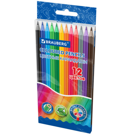 Карандаши цветные BRAUBERG, 12 цветов, цветной корпус, упаковка ПВХ бокс, шестигранные, 182067