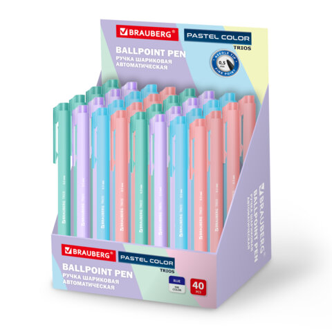 Ручка шариковая автоматическая BRAUBERG "TRIOS PASTEL COLOR", СИНЯЯ, корпус ассорти, пишущий узел 0,5 мм, линия письма 0,3 мм, 144496