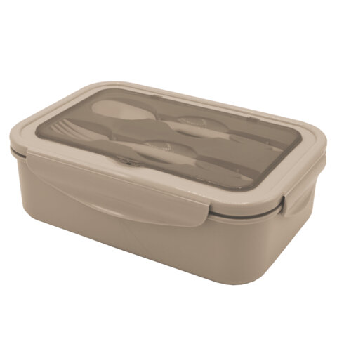 Ланч-бокс контейнер 2 секции 3+1 отделение 1,4л ложка, вилка 7х21х14см, бежевый JOYLUX, 609349