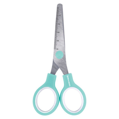 Ножницы BRAUBERG KIDS 130 мм, ручки мятные, закругленные лезвия с линейкой, 274062