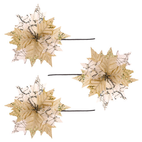 Украшение елочное КОМПЛЕКТ 3 шт., "Цветок", диаметр 22 см, длина 20 см, золото, ЗОЛОТАЯ СКАЗКА, 592417