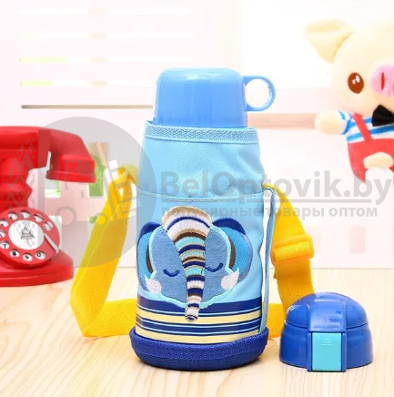 Термос с кружечкой / поильник с силиконовой трубочкой "Зверята" в  чехле с ремешком