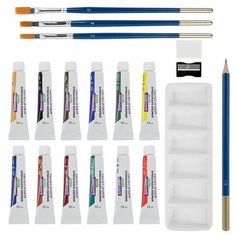 Краски акриловые художественные 12 цветов в тубах по 12 мл, кисти 3 шт., палитра, аксессуары, 19 предметов, BRAUBERG HOBBY, 192543