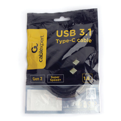 Кабель USB 3.1 Type-C-Type-C, 1,8 м, CABLEXPERT, 5 А, 100 Вт, PD/QC3.0, медь, черный, CCP-USB3.1-CMCM2-1.8M