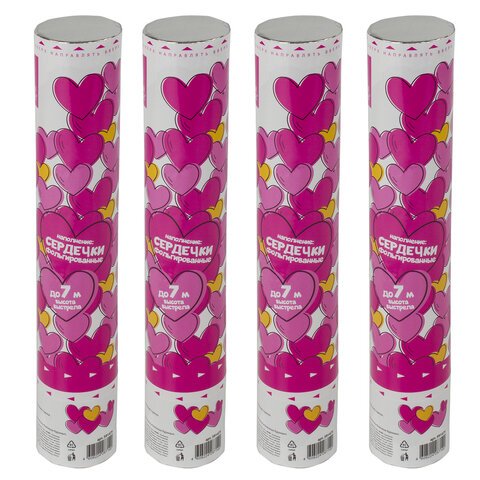 Хлопушка пневматическая 30 см "Сердечки", 3+1 шт. В ПОДАРОК, фольга цвет красный, ЗОЛОТАЯ СКАЗКА, 592082