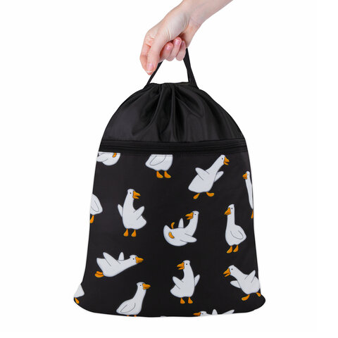 Мешок для обуви BRAUBERG БОЛЬШОЙ, с ручкой, карман на молнии, сетка, 49х41 см, "Crazy geese", 274638