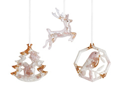 Набор елочных игрушек: Снегирь, Олень, Ель, Цвет Розовый кварц