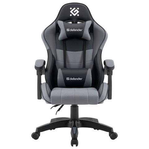 Кресло компьютерное DEFENDER "Strider", 2 подушки, ткань/экокожа, черное/серое, 64056