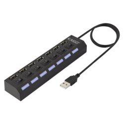 USB-хаб KG-086, USB-A 2.0, 7 в 1, с выключателями и LED-индикаторами, 7 x USB-A 2.0, кабель 50 cм, черный, KAIGO (КАЙГО), 355069