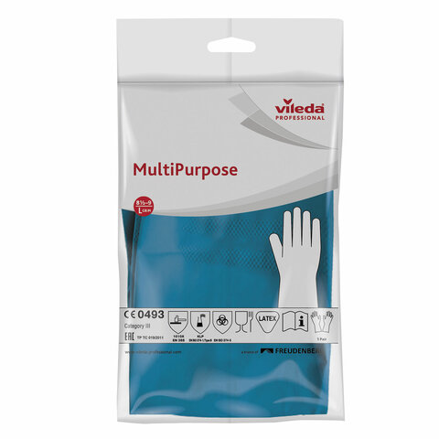 Перчатки VILEDA многоцелевые латексные МНОГОРАЗОВЫЕ х/б напыление, ПРОЧНЫЕ, размер L (большой), синие, 174355