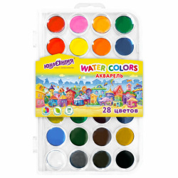 Краски акварельные ЮНЛАНДИЯ "ДОМИКИ", 28 цветов, круглые кюветы 28 мм, пенал, 192632