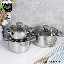 Кастрюля набор 6 предметов 1.7л,3.2л,4.2л Элиос / LB-S-1106D-6 /уп 1/ индукция/ ручки с силиконом/ цветная коробка/ KISIGA